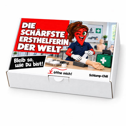 Die schärfste Ersthelferin der Welt – Geschenkbox Schrägansicht