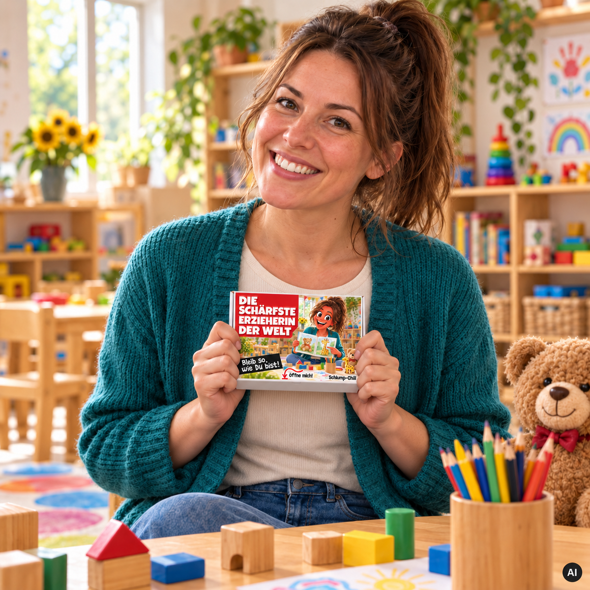 Die schärfste Erzieherin der Welt – kleine Geschenkbox in der Hand (AI)
