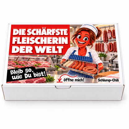 Die schärfste Fleischerin der Welt – weiße Geschenkbox, Vorderansicht