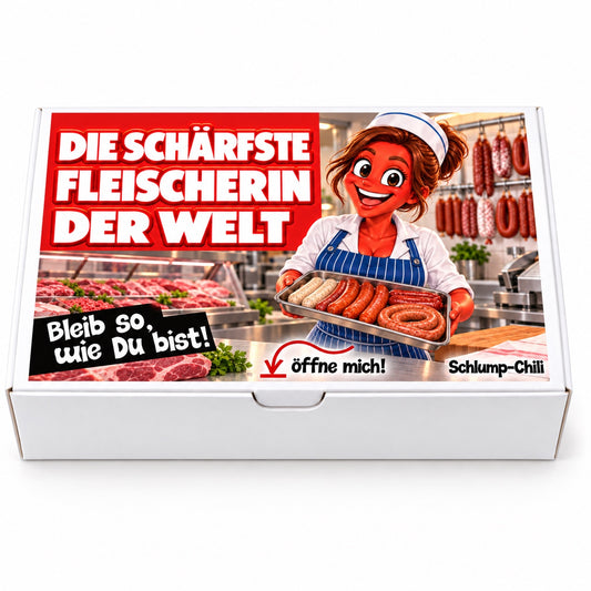 Die schärfste Fleischerin der Welt – weiße Geschenkbox, Vorderansicht