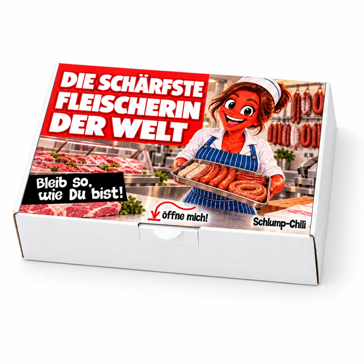 Die schärfste Fleischerin der Welt – weiße Geschenkbox, Schrägansicht