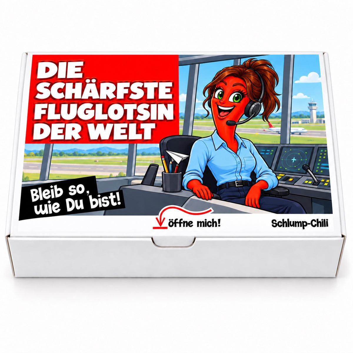 Die schärfste Fluglotsin der Welt – Geschenkbox Vorderansicht
