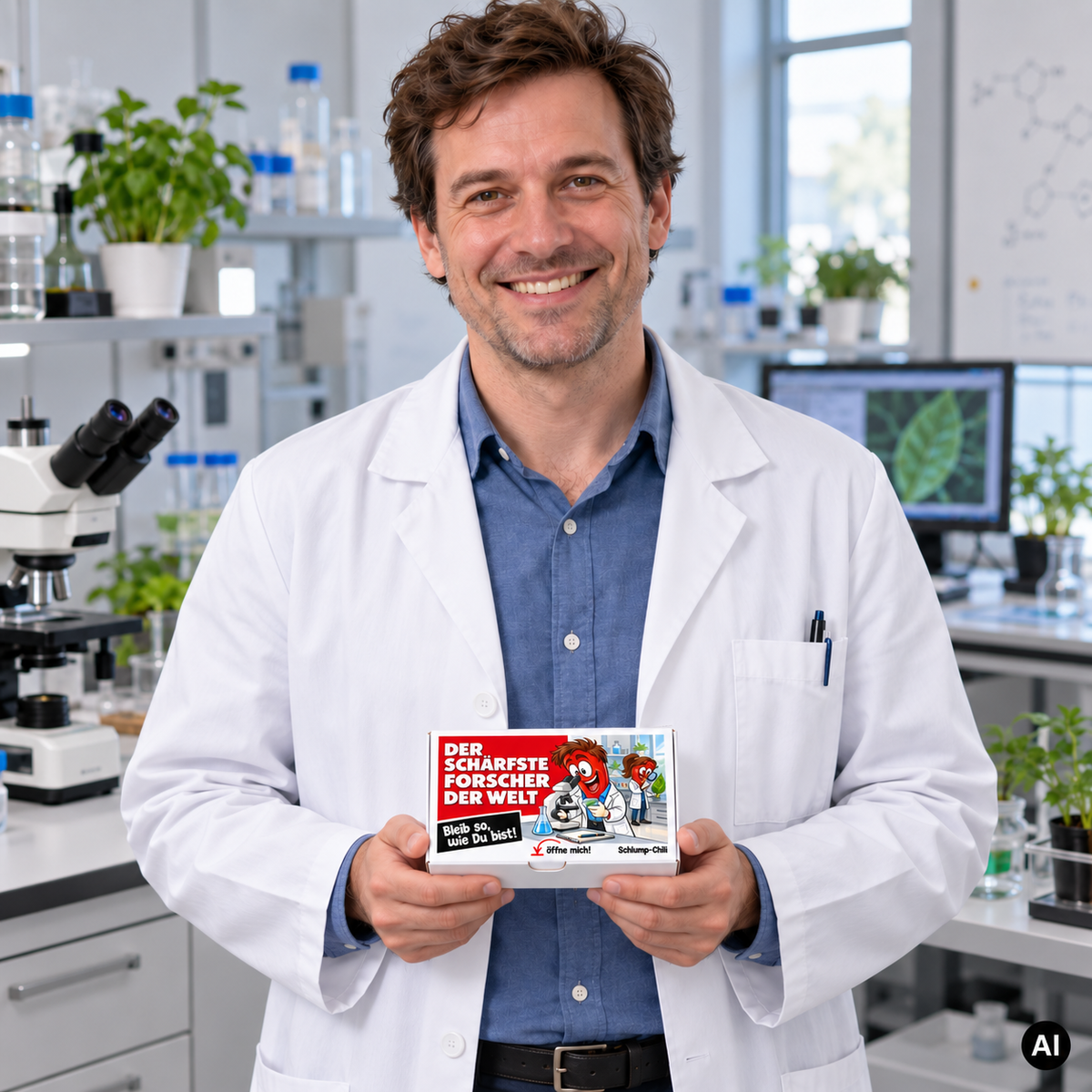 Der schärfste Forscher der Welt – Lifestylebild mit kleiner A6-Geschenkschachtel