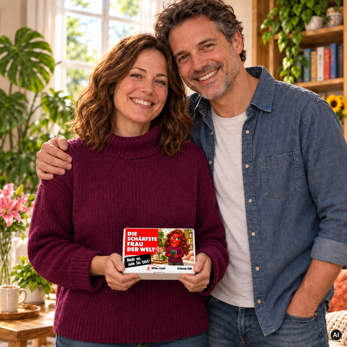 Die schärfste Frau der Welt – kleine Geschenkbox in der Hand (AI)