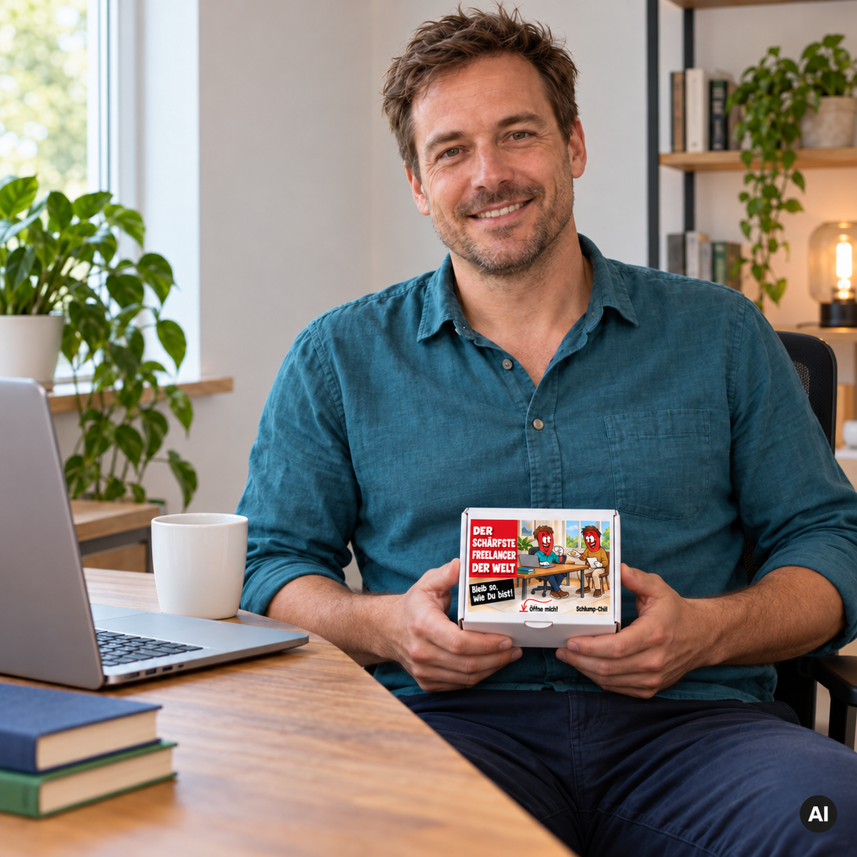 Der schärfste Freelancer der Welt – Lifestylebild mit kleiner Geschenkbox (AI)