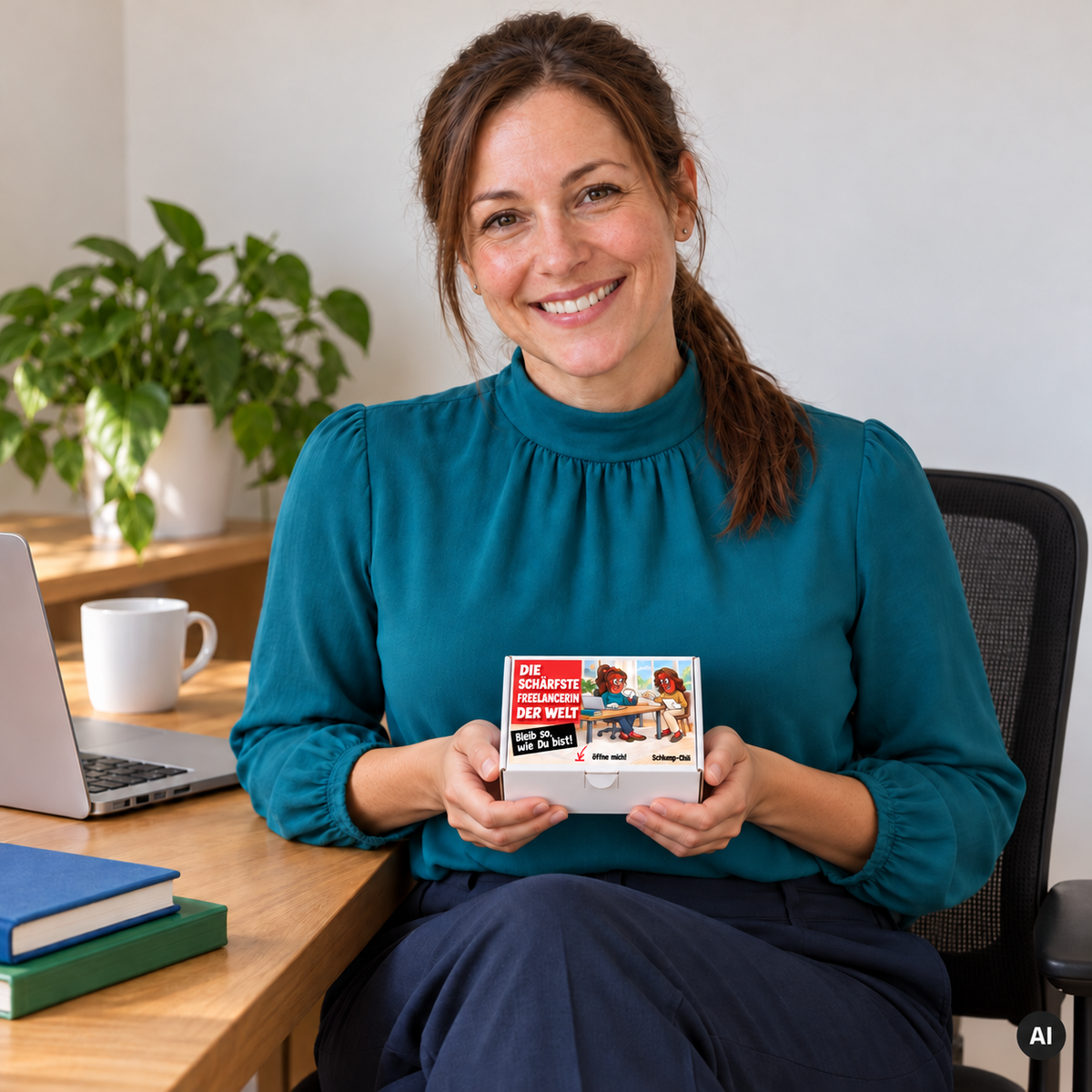 Die schärfste Freelancerin der Welt – Lifestylebild mit kleiner Geschenkbox (AI)