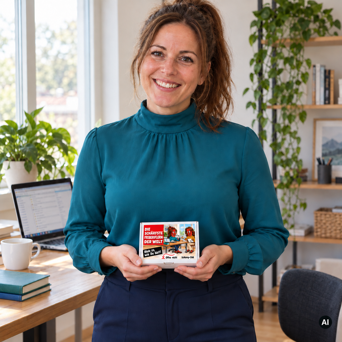 Die schärfste Freiberuflerin der Welt – Lifestylebild mit kleiner Geschenkbox (AI)