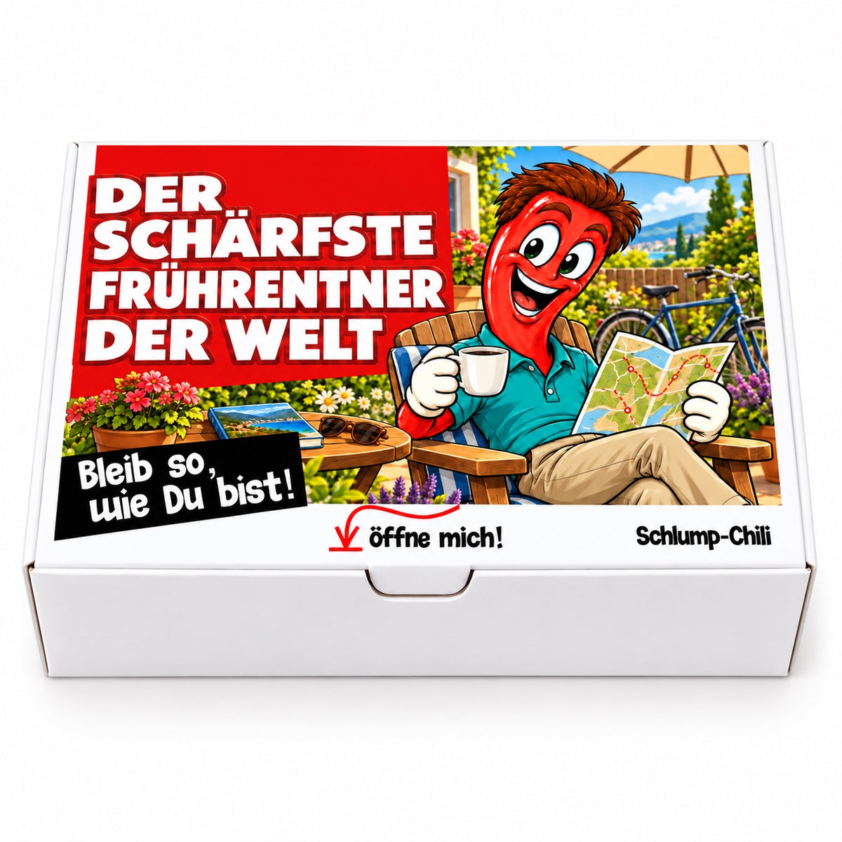 Der schärfste Frührentner der Welt – Geschenkbox Vorderansicht