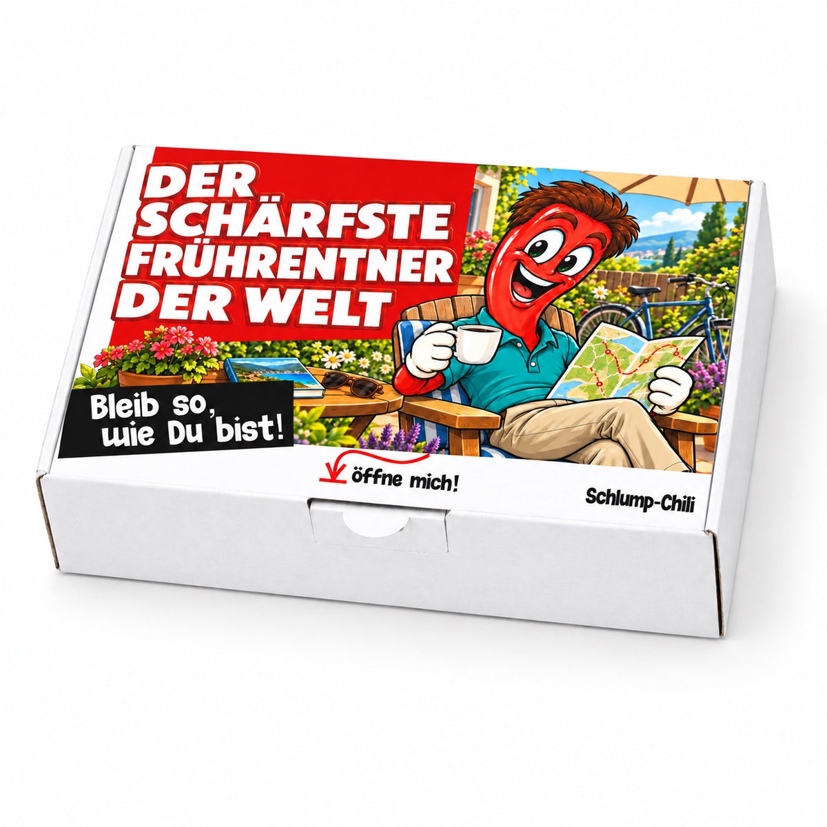 Der schärfste Frührentner der Welt – Geschenkbox Schrägansicht