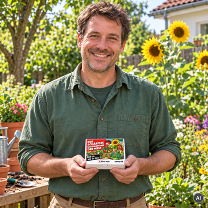 Der schärfste Gartenliebhaber der Welt – kleine Geschenkbox in der Hand (AI)
