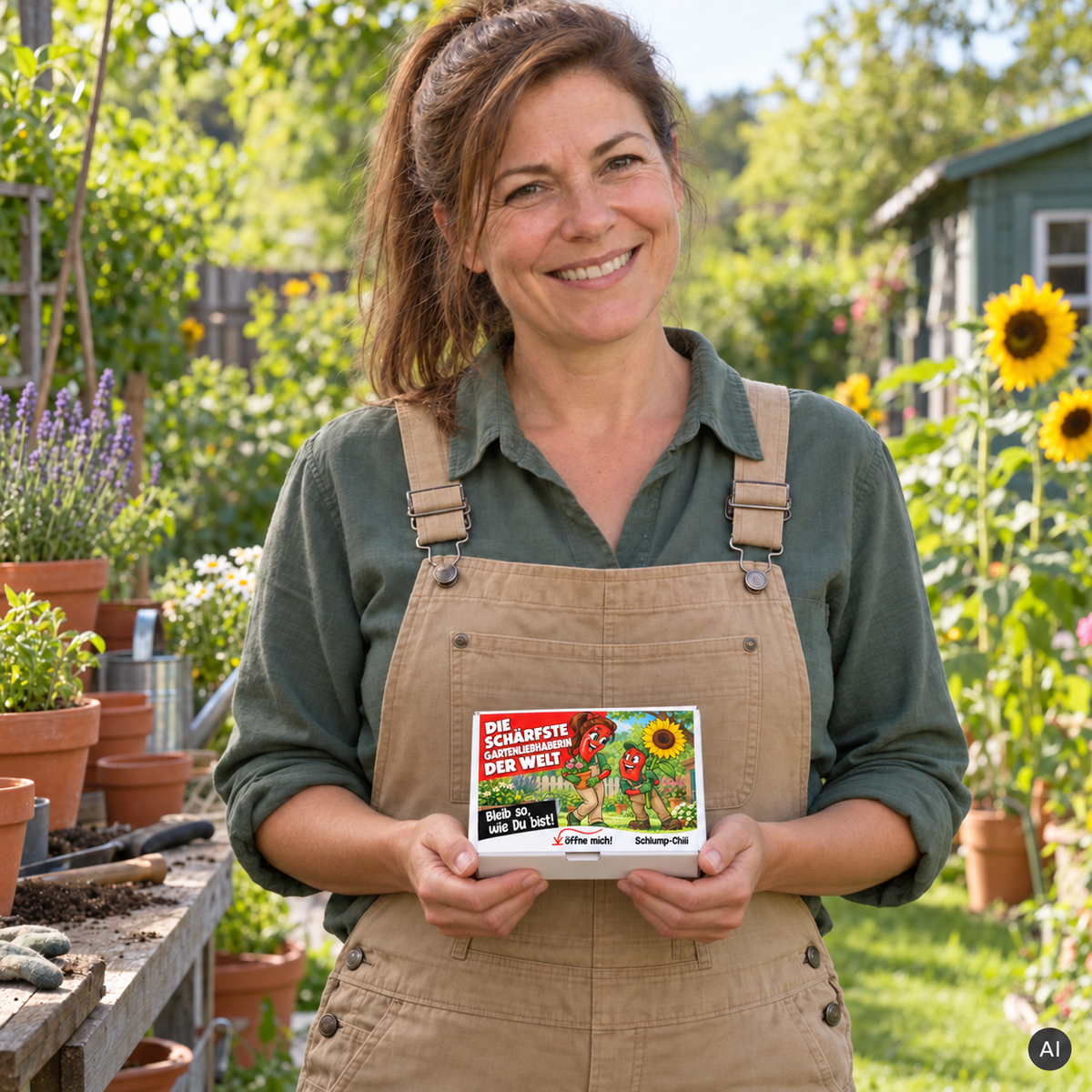 Die schärfste Gartenliebhaberin der Welt – kleine Geschenkbox in der Hand (AI)