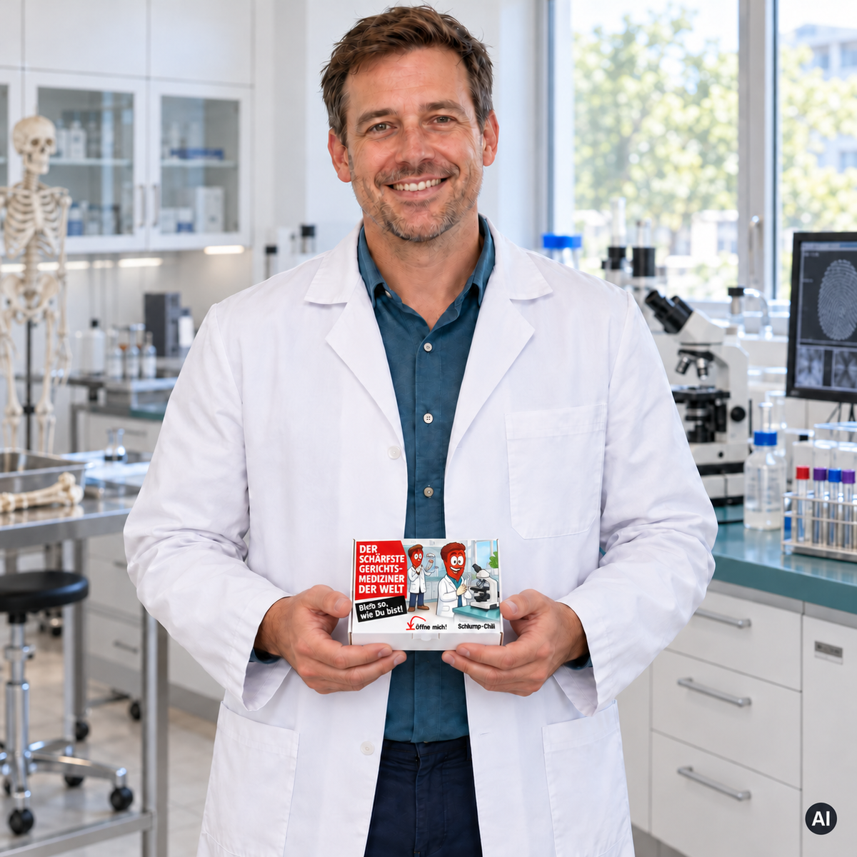 Der schärfste Gerichtsmediziner der Welt – Lifestylebild mit kleiner Geschenkbox (AI)