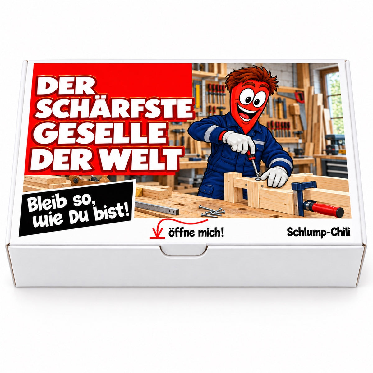 Der schärfste Geselle der Welt – Geschenkbox Vorderansicht