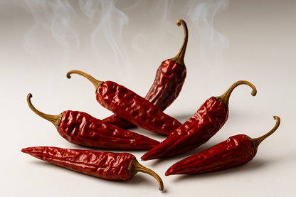 getrocknete geräucherte cayenne chili auf weißem Hintergrund. Füge Rauch dazu