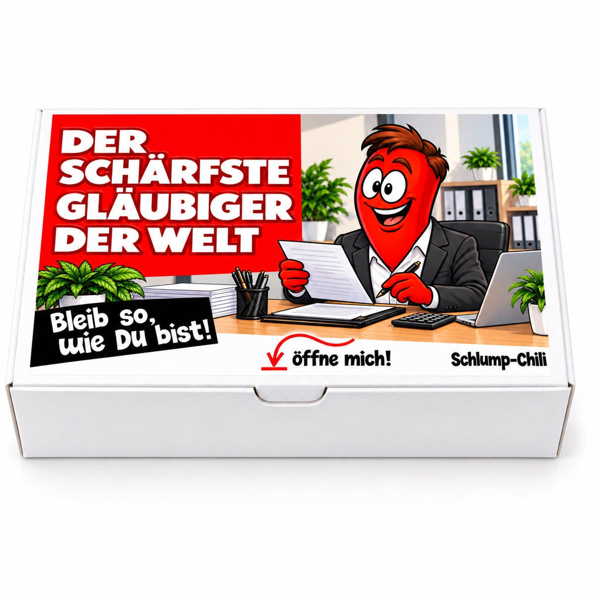 Der schärfste Gläubiger der Welt – Geschenkbox Vorderansicht