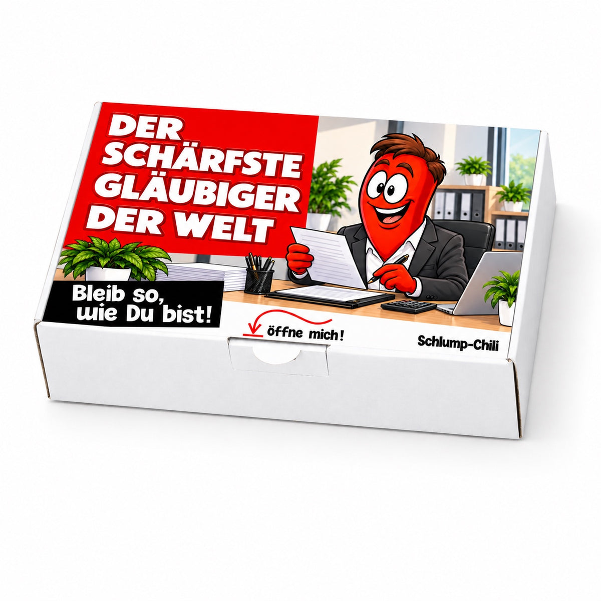 Der schärfste Gläubiger der Welt – Geschenkbox Schrägansicht