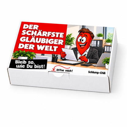 Der schärfste Gläubiger der Welt – Geschenkbox Schrägansicht