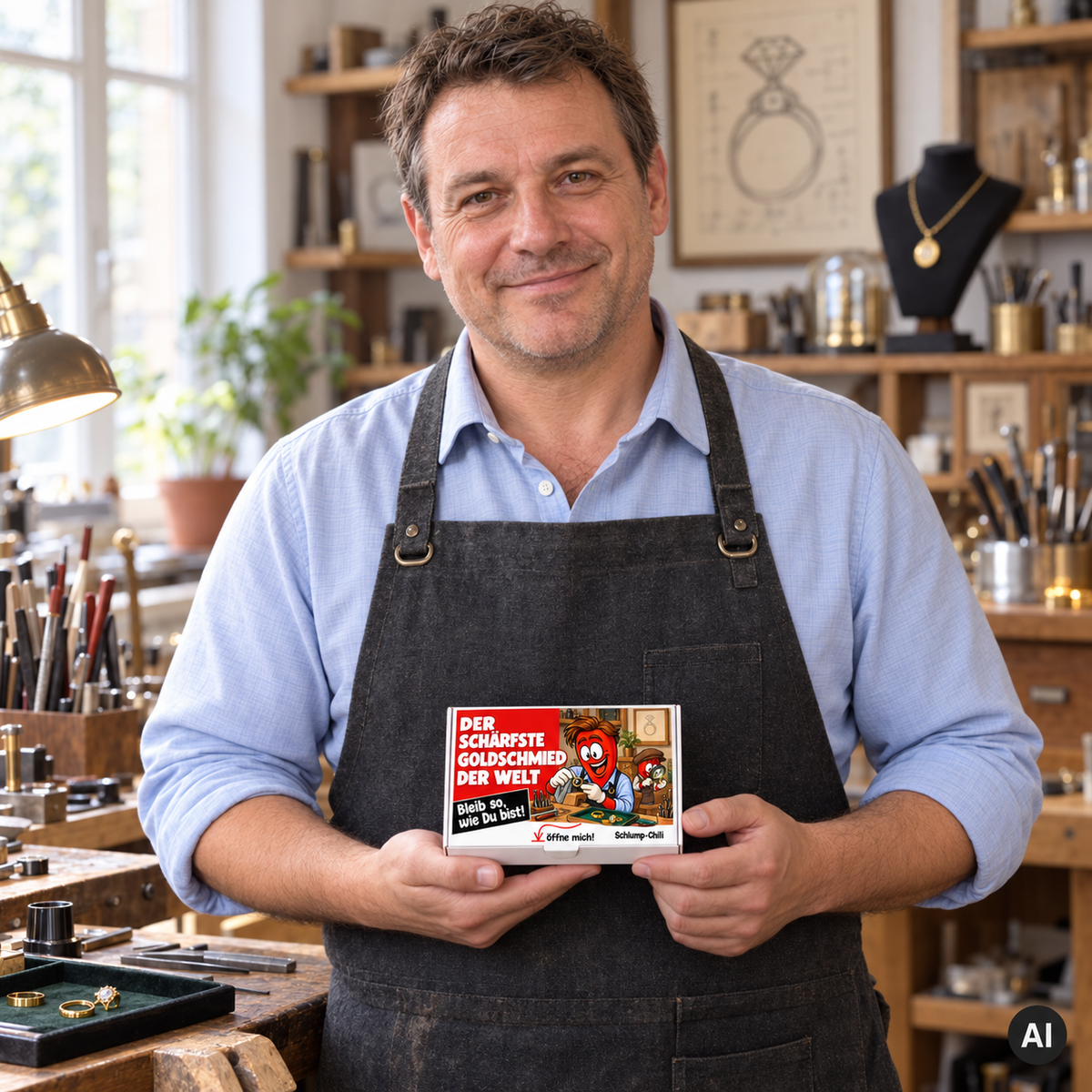 Der schärfste Goldschmied der Welt – Lifestylebild mit kleiner A6-Geschenkschachtel
