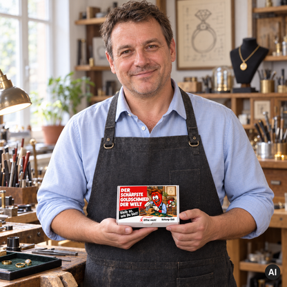 Der schärfste Goldschmied der Welt – Lifestylebild mit kleiner A6-Geschenkschachtel