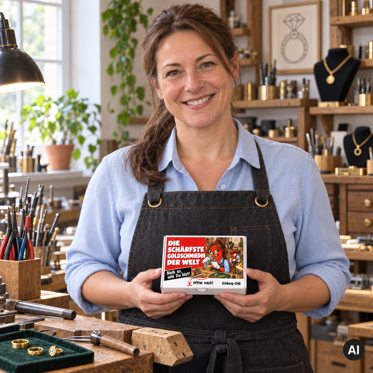 Die schärfste Goldschmiedin der Welt – Lifestylebild mit kleiner A6-Geschenkschachtel
