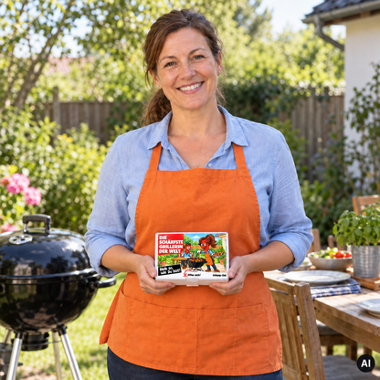 Die schärfste Grillerin der Welt – Lifestylebild mit kleiner A6-Geschenkschachtel