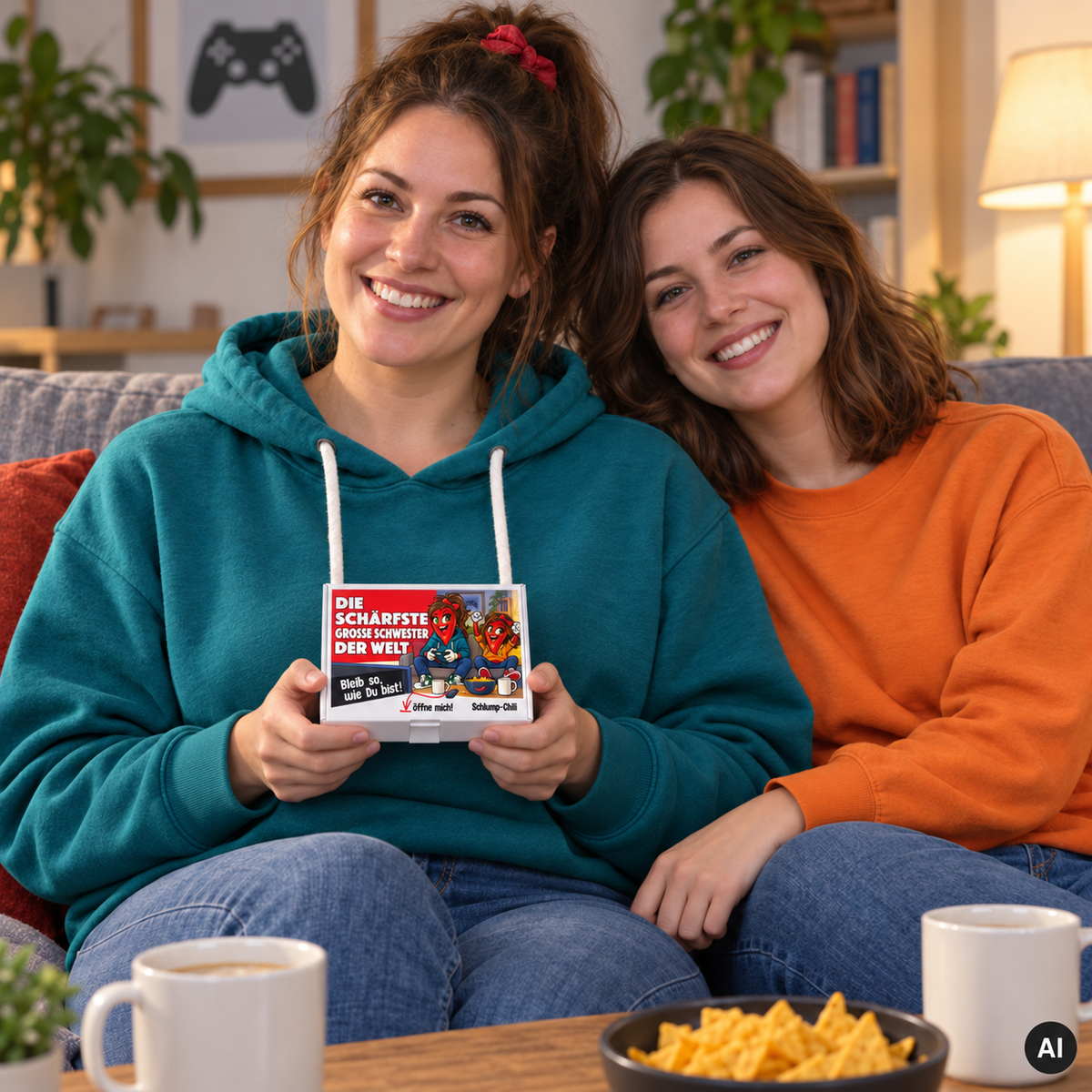 Die schärfste große Schwester der Welt – Lifestylebild mit kleiner A6-Geschenkschachtel