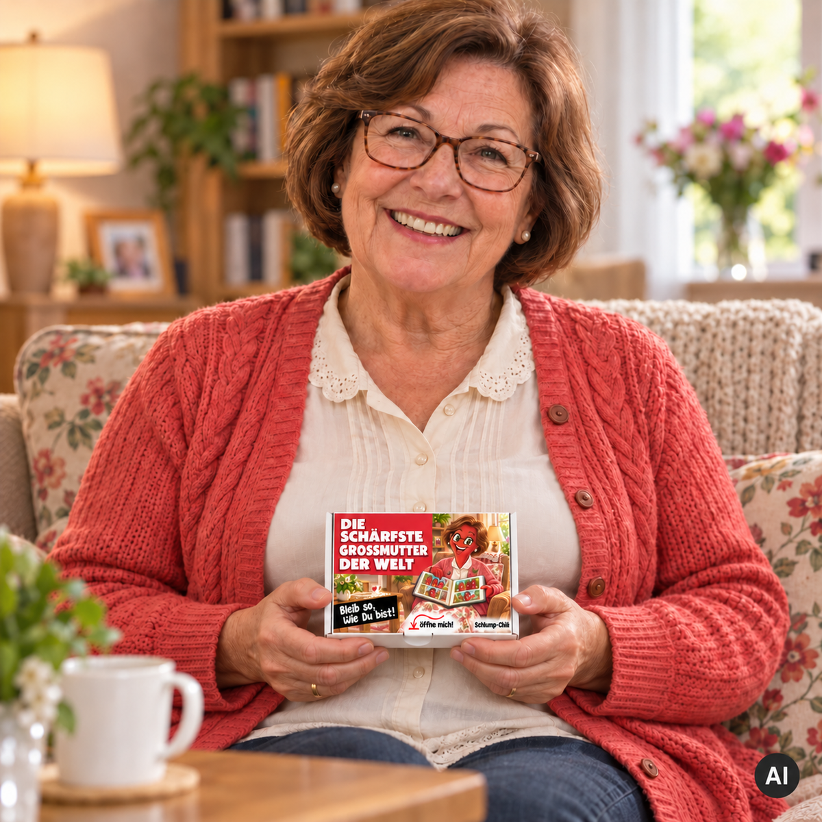 Die schärfste Großmutter der Welt – Lifestylebild mit kleiner A6-Geschenkschachtel