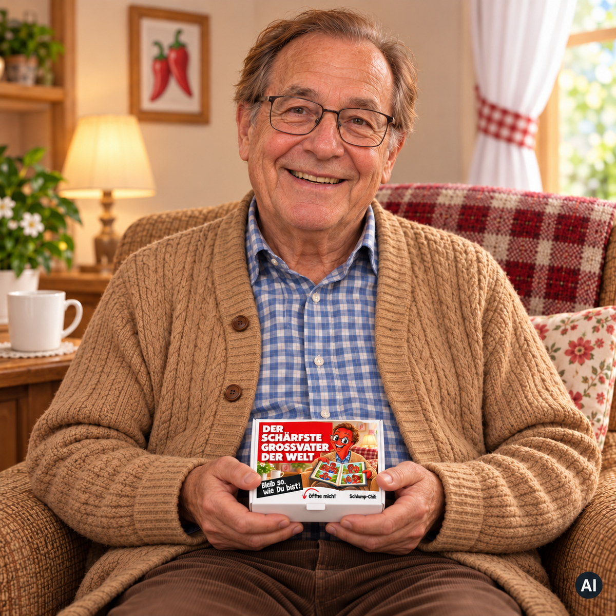 Der schärfste Großvater der Welt – Lifestylebild mit kleiner A6-Geschenkschachtel