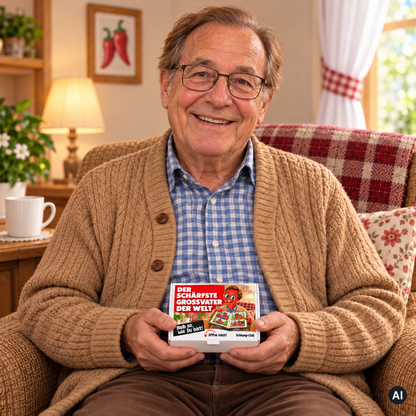 Der schärfste Großvater der Welt – Lifestylebild mit kleiner A6-Geschenkschachtel