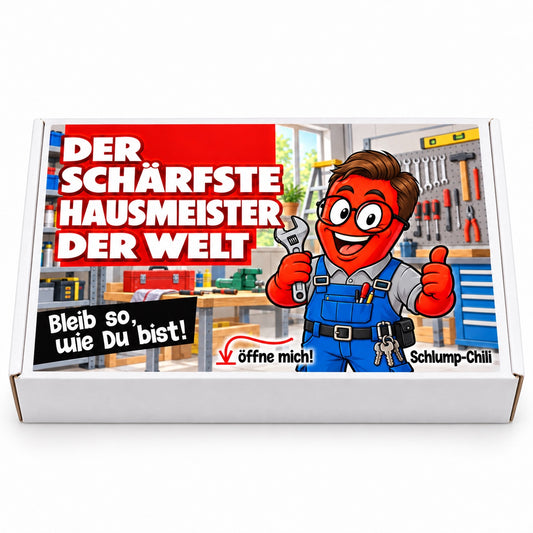 Der schärfste Hausmeister der Welt – weiße Geschenkbox, Vorderansicht