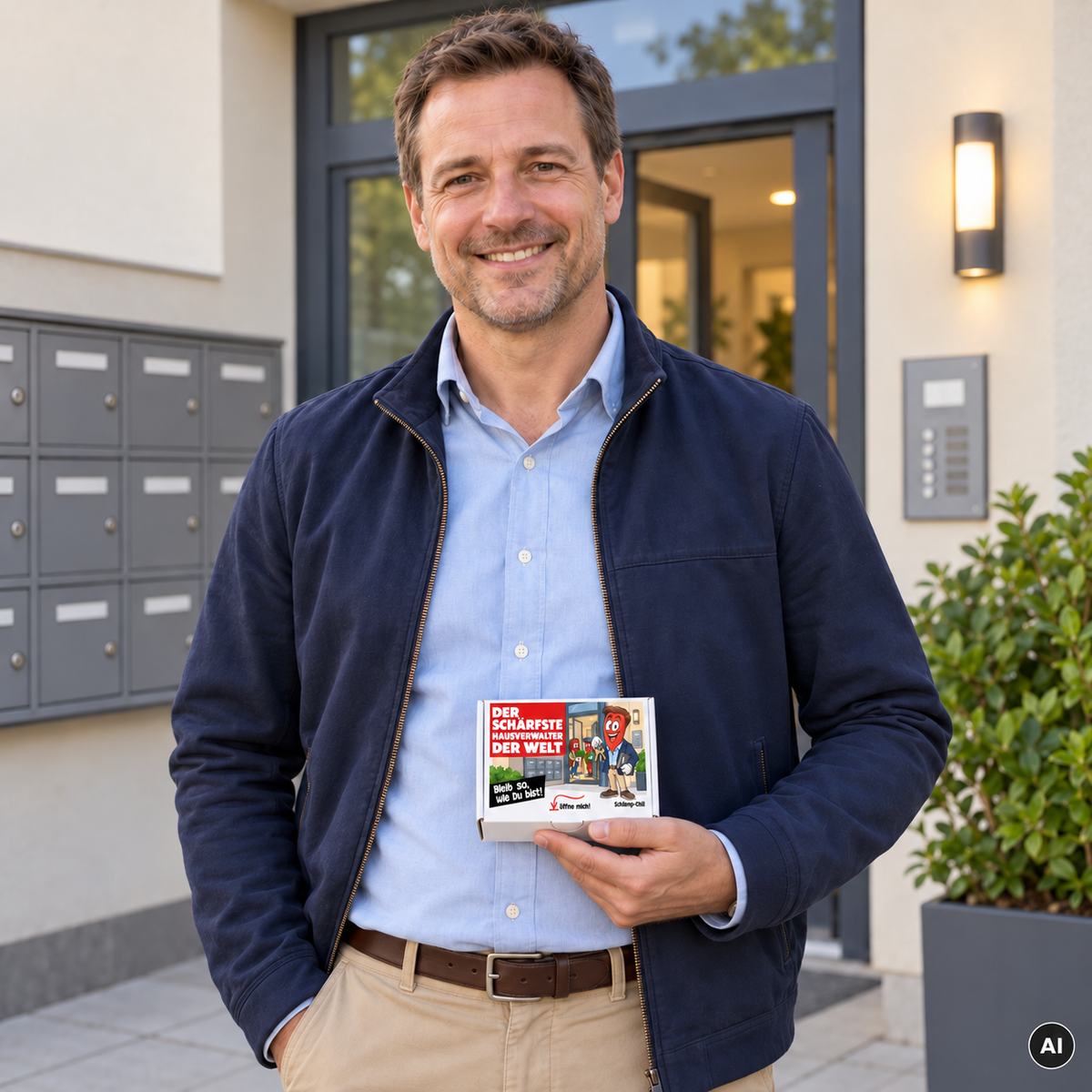 Der schärfste Hausverwalter der Welt – Lifestyle mit kleiner A6-Geschenkbox, AI