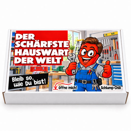 Der schärfste Hauswart der Welt – weiße Geschenkbox, Vorderansicht