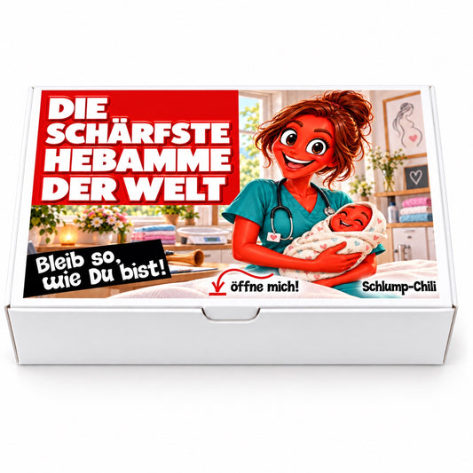 Die schärfste Hebamme der Welt – weiße Geschenkbox, Vorderansicht