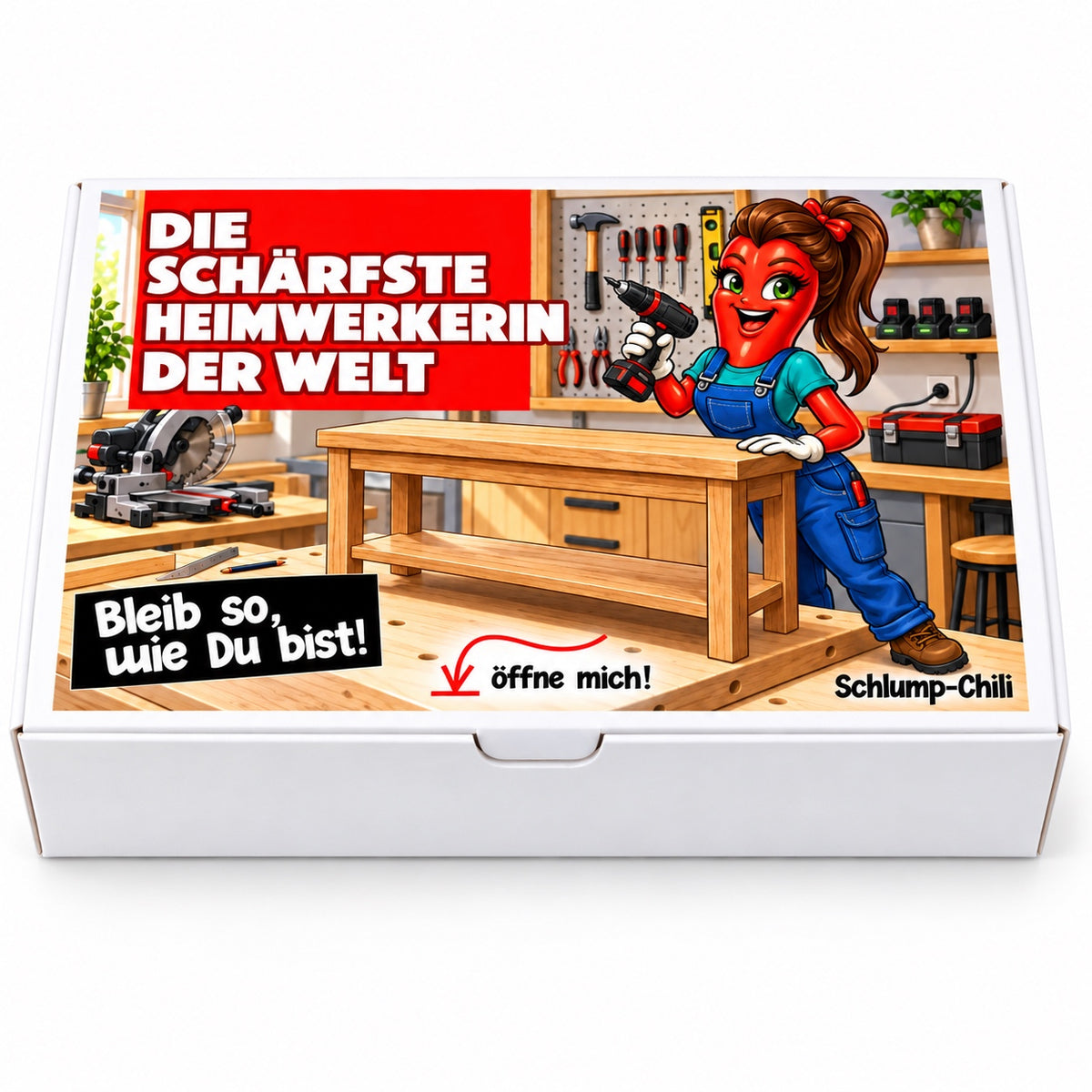 Die schärfste Heimwerkerin der Welt – Frontansicht der Chili-Geschenkbox