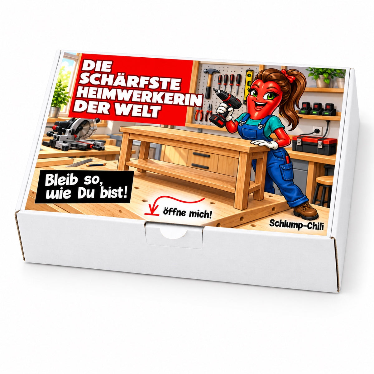 Die schärfste Heimwerkerin der Welt – Schrägansicht der Chili-Geschenkbox