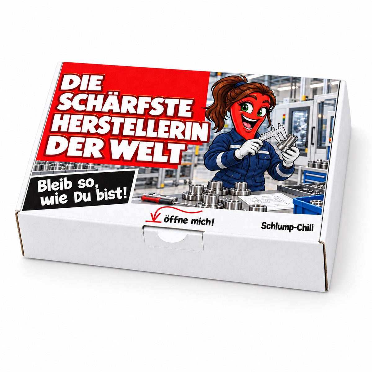 Die schärfste Herstellerin der Welt – Geschenkbox Schrägansicht