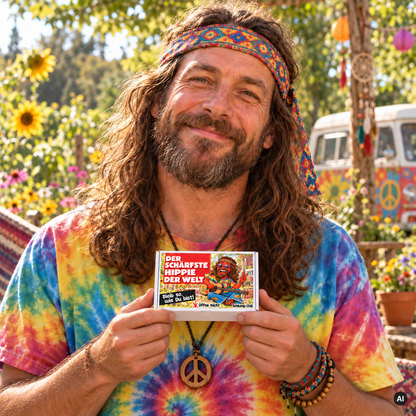 Der schärfste Hippie der Welt – kleine Geschenkbox in der Hand (AI)