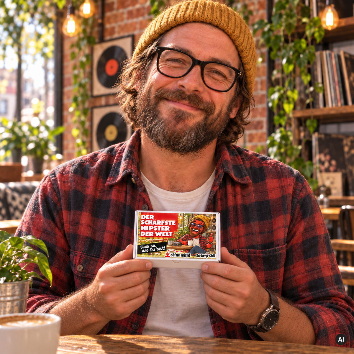 Der schärfste Hipster der Welt – kleine Geschenkbox in der Hand (AI)