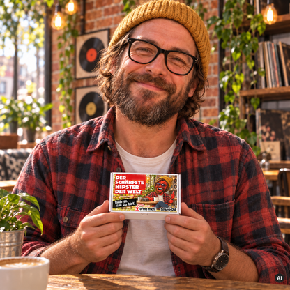 Der schärfste Hipster der Welt – kleine Geschenkbox in der Hand (AI)