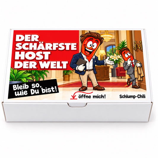 Der schärfste Host der Welt – Frontansicht der Chili-Geschenkbox