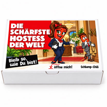 Die schärfste Hostess der Welt – Frontansicht der Chili-Geschenkbox