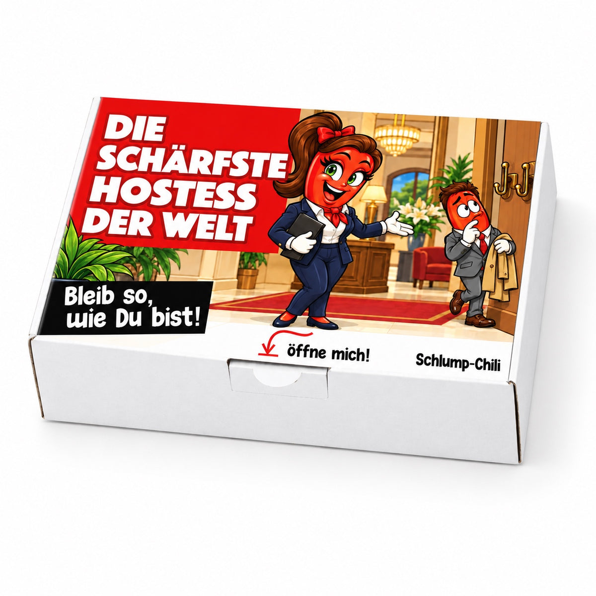 Die schärfste Hostess der Welt – Schrägansicht der Chili-Geschenkbox