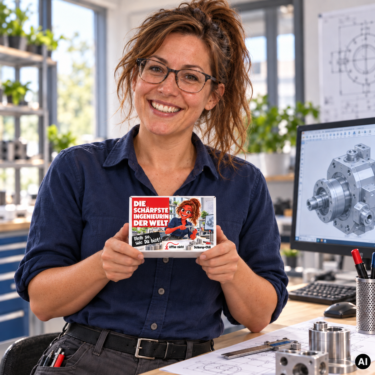 Die schärfste Ingenieurin der Welt – kleine Geschenkbox in der Hand (AI)