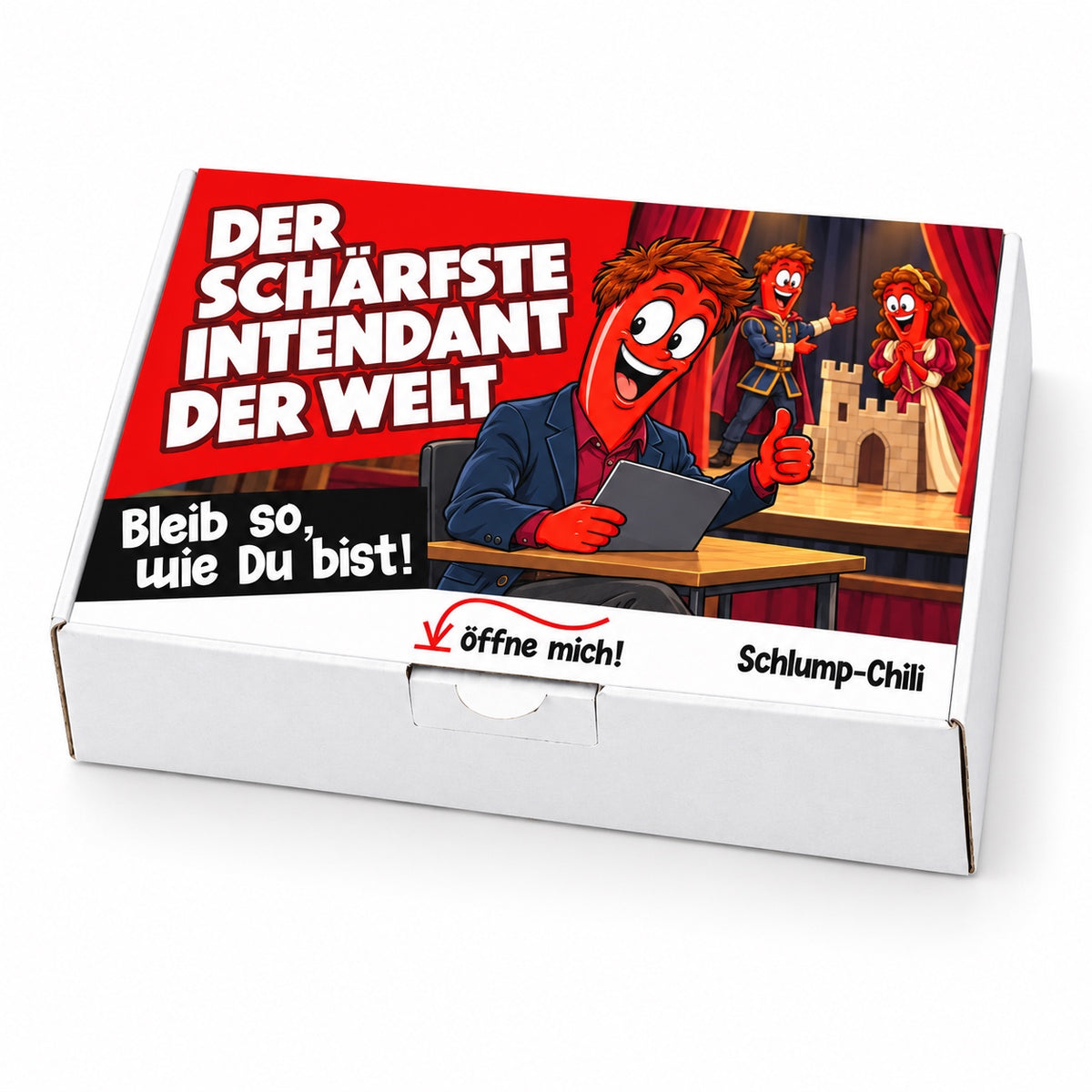 Der schärfste Intendant der Welt – weiße Geschenkbox, Schrägansicht
