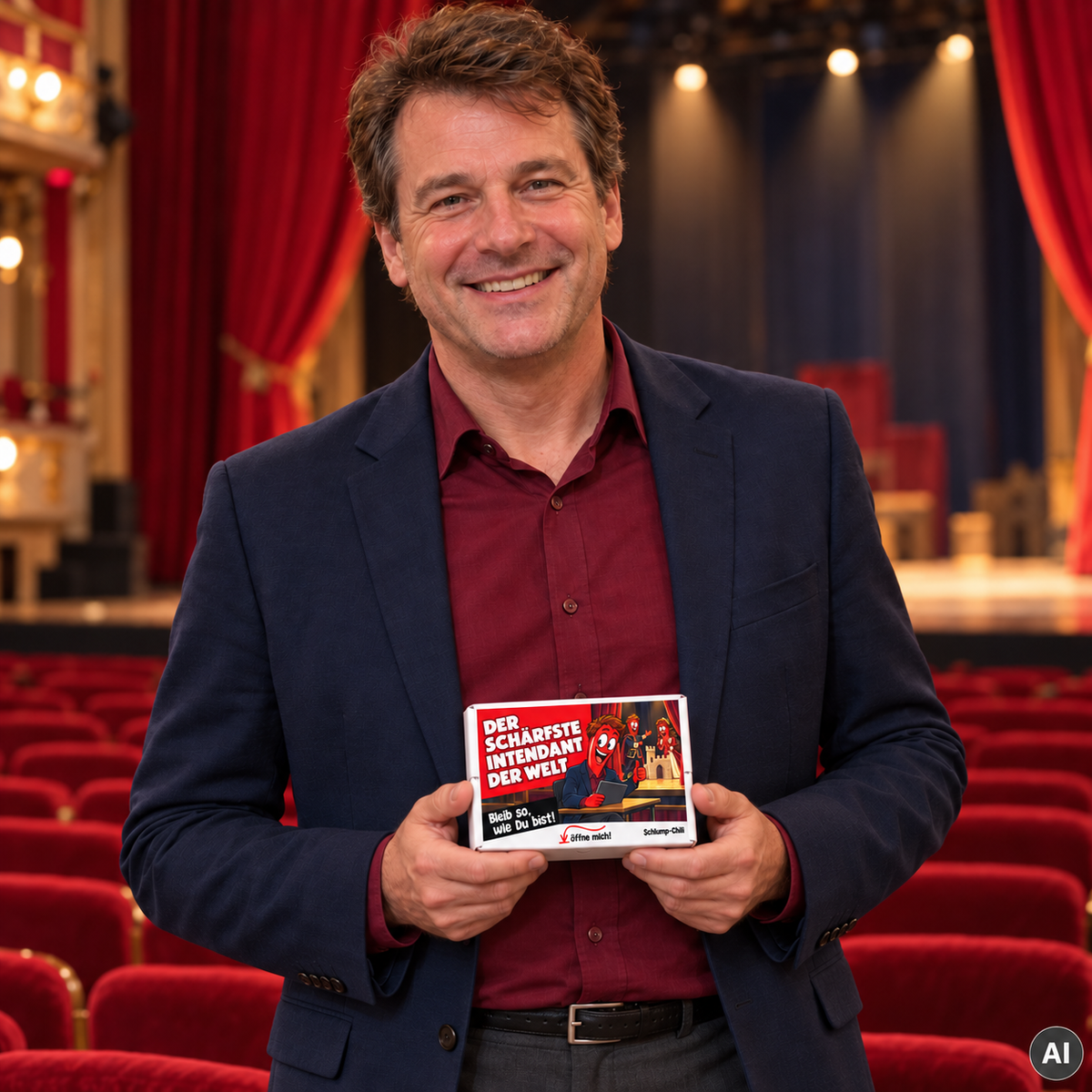 Der schärfste Intendant der Welt – kleine Geschenkbox in der Hand (AI)