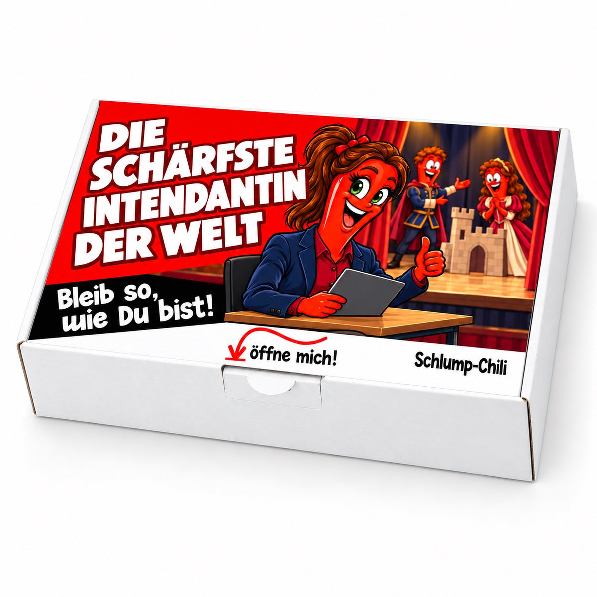 Die schärfste Intendantin der Welt – weiße Geschenkbox, Schrägansicht