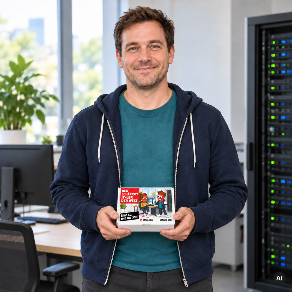 Der schärfste IT-ler der Welt – Lifestylebild mit kleiner Geschenkbox (AI)