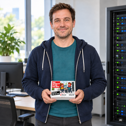 Der schärfste IT-ler der Welt – Lifestylebild mit kleiner Geschenkbox (AI)
