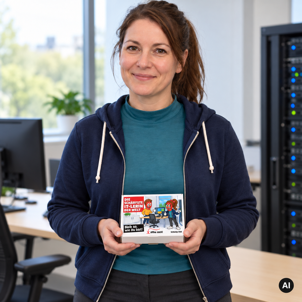 Die schärfste IT-lerin der Welt – Lifestylebild mit kleiner Geschenkbox (AI)