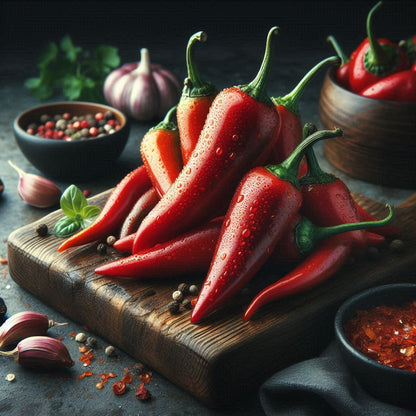 Rote frische Jalapeño Chilis und Gewürze